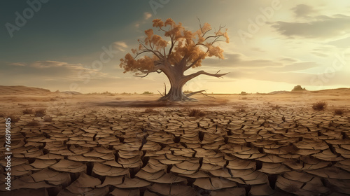 Minimalistic design tree on ground cracked by drought and global warming