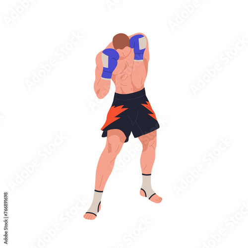 Muay thai fighter in defending pose. Tai boxing athlete in defense stance, position. Wrestler in gloves, standing in posture, covering head. Flat vector illustration isolated on white background