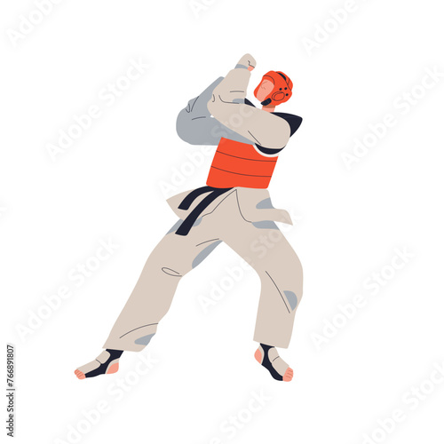 Taekwondo fighter in defending stance. Korean tae-kwon-do wrestler in action, defense pose, fight posture. Athlete with black belt in martial art. Flat vector illustration isolated on white background