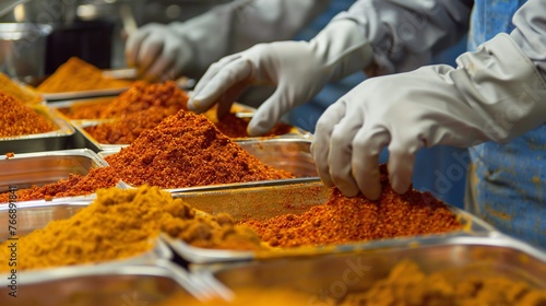 Fototapeta Naklejka Na Ścianę i Meble -  Employees in a production facility sorting herbs and spices using protective hand coverings.