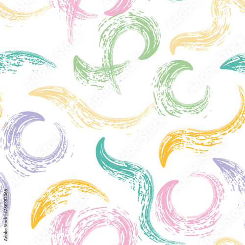Seamless pattern with paint brush strokes vector collection. Hand drawn curved and wavy lines with grunge circles and squiggles. Chaotic ink brush scribbles decorative
