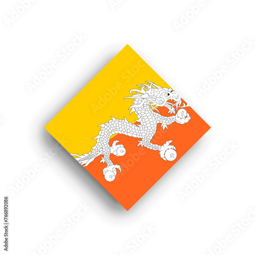 Bhutan flag - rhombus shape icon with dropped shadow isolated on white background