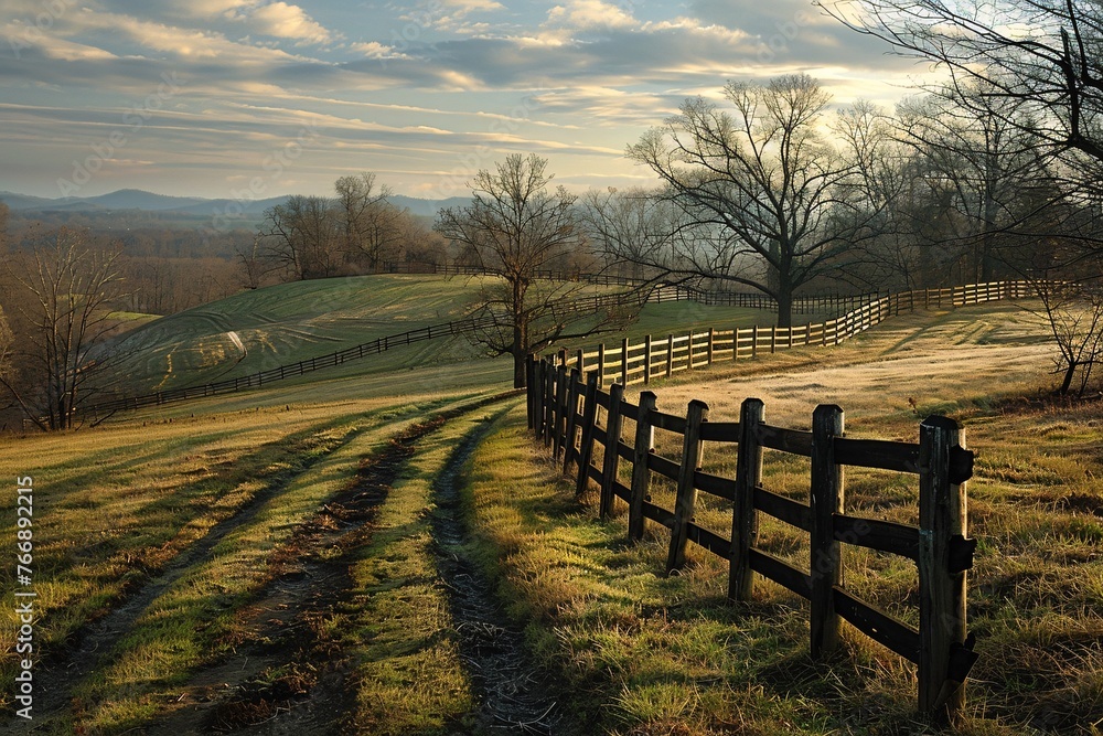 The equine enclosure meanders across the countryside in rural Kentucky.