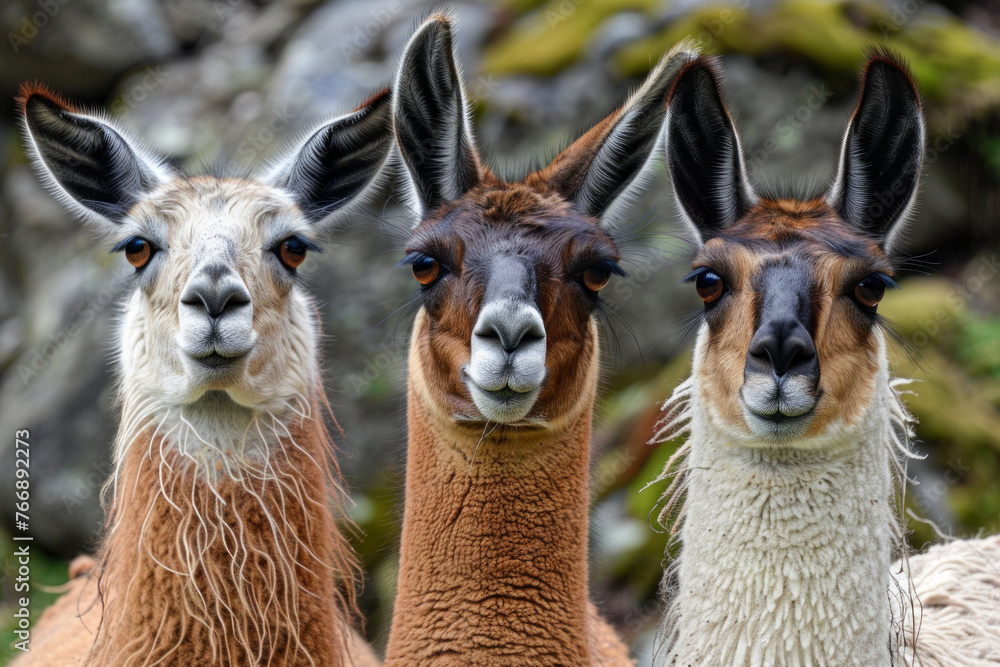 Three llamas standing next to each other, one is brown and the other two are white. The scene is playful and whimsical