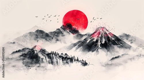 Traditional Japanese sumi-e style ink drawing of mountains and a red sun with hieroglyphs representing wellness, freedom, nature, and joy.