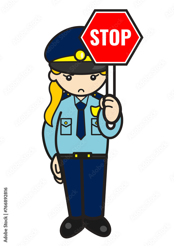 ストップの標識を持つ白人女性警察官
