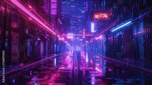 Vivid 3D depiction of a cyberpunk metropolis with neon lights and a gritty cityscape.