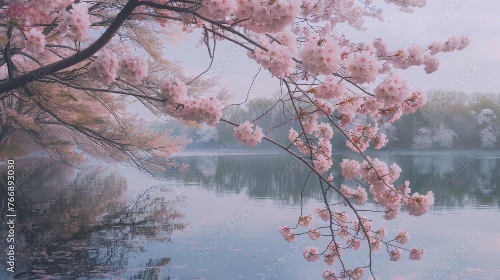 Cherry Blossoms Over Serene Lake at Dawn Cherry Blossoms Over Serene Lake at Dawn