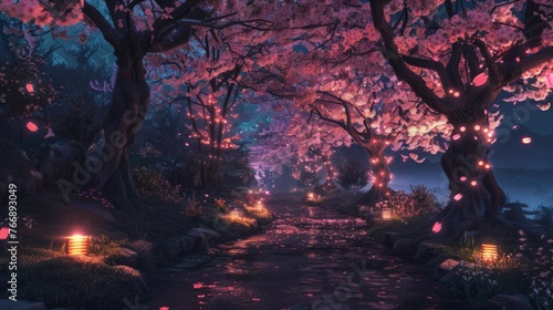 Illuminated Tree-Lined Pathway at Night