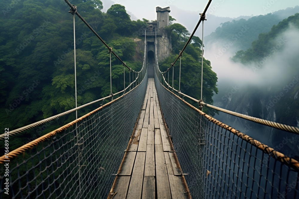 Obraz premium Suspension bridge enveloped in mist over a forest, Generated AI.