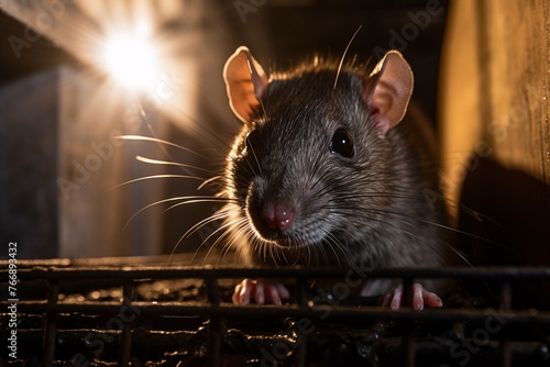Close-up of a rat on a grate in a sewer