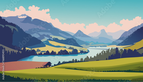 Landscape with river ,grass and mountains
