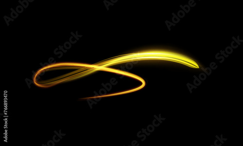 Magic neon yellow swirl trail on black background. 3D vector.