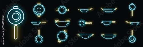 Wok frying pan icons set outline vector. Meat tools. Kitchen cooking neon color on black