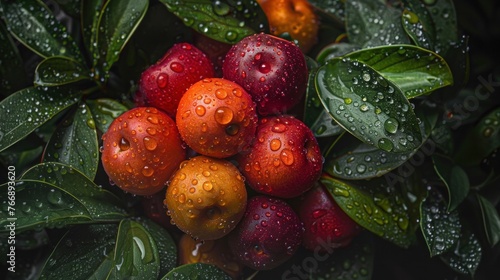 Fresh Berries with Dew on Leaves