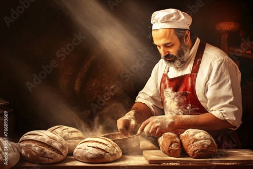 A retro baker slicing into a crusty loaf of bread, with vintage bread baskets and flour sacks in the background