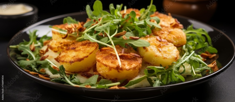 A delicious dish consisting of fried potatoes and greens served on a black plate. This staple food is garnished with fines herbes and leaf vegetables, creating a tasty and visually appealing recipe A delicious dish consisting of fried potatoes and greens served on a black plate. This staple food is garnished with fines herbes and leaf vegetables, creating a tasty and visually appealing recipe