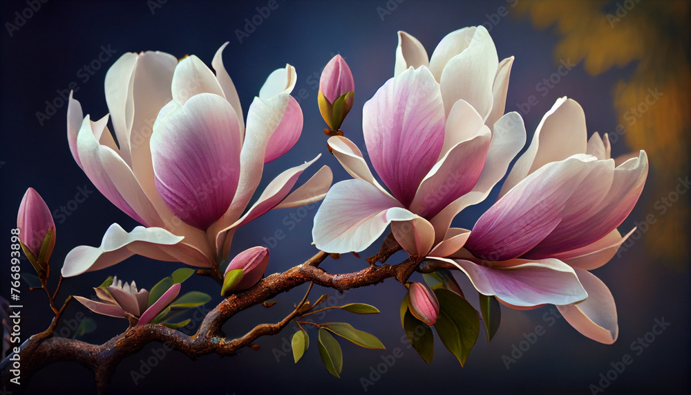 Magnolia tree blossom, spring fresh morning decorative illustration. Springtime liliiflora heaven scent. Generative AI