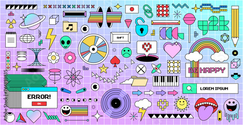 Big set of trendy retro elements. Fun y2k style graphic elements bundle in trendy retro 90s cartoon style. Flat abstract retro shapes pack for poster design. Vector illustration