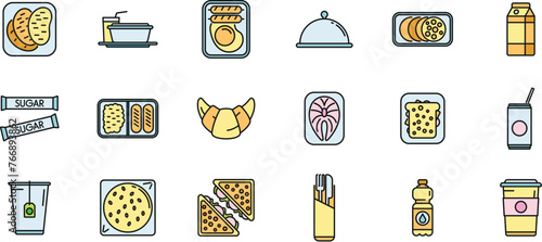 Airline food icons set outline vector. Inflight meal. Air plane thin line color flat isolated