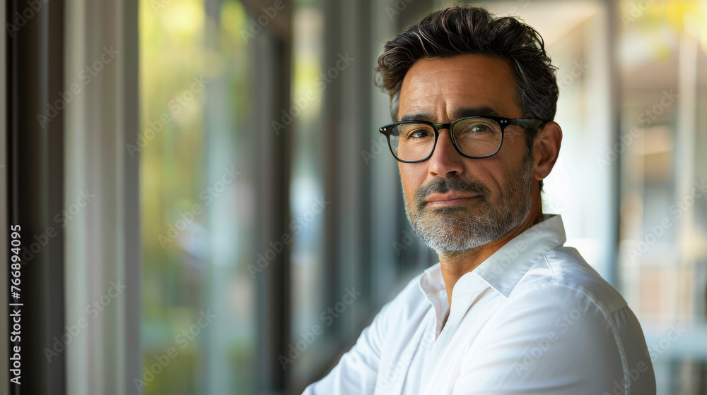 Handsome 45 years old gentle brown hair hispanic man, wearing glasses, formal slick hairstyle, smooth face in a modern office building, wearing white shirt, beside a huge window Handsome 45 years old gentle brown hair hispanic man, wearing glasses, formal slick hairstyle, smooth face in a modern office building, wearing white shirt, beside a huge window