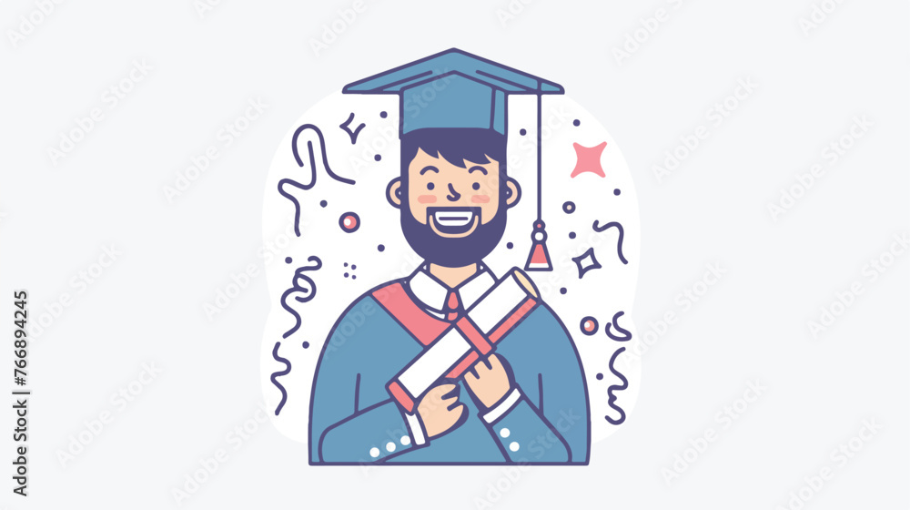 Line art of man happy graduate with diploma flat vector