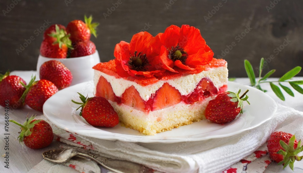 Strawberry Shortcake with Poppies on White Plate