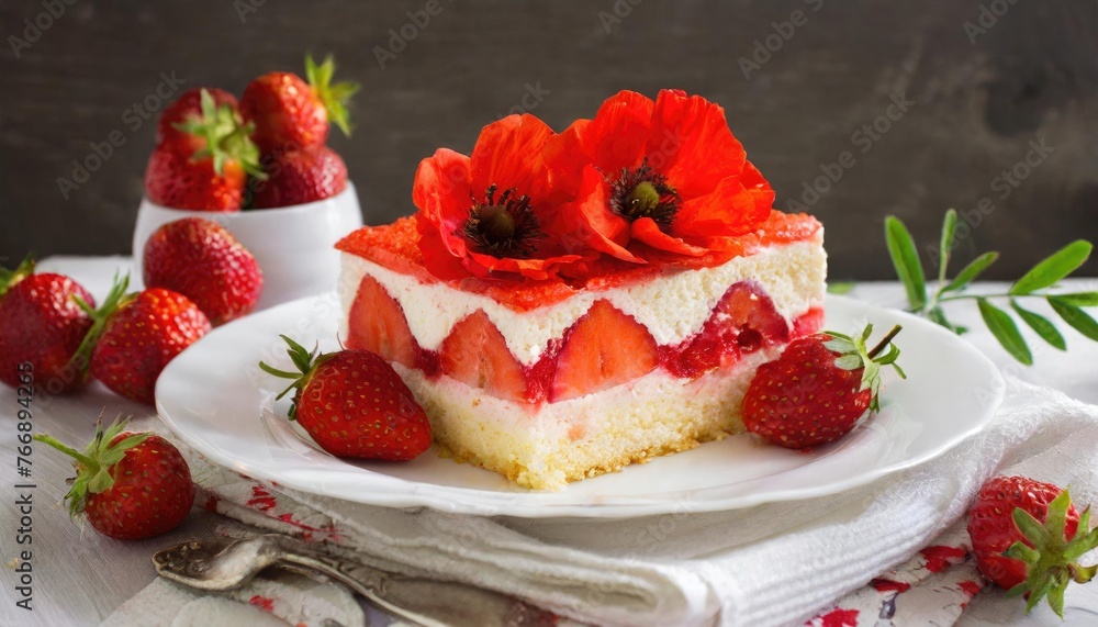 Strawberry Shortcake with Poppies on White Plate Strawberry Shortcake with Poppies on White Plate