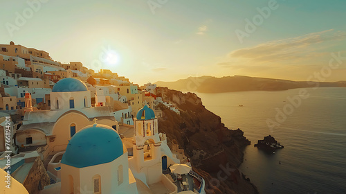 View of Oia at sunset, a small town with whitewashed houses on Santorini Island, Cyclades islands archipelagos, Aegean Sea, Greece. Generative AI illustration 