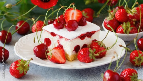 Strawberry Shortcake with Poppies on White Plate photo