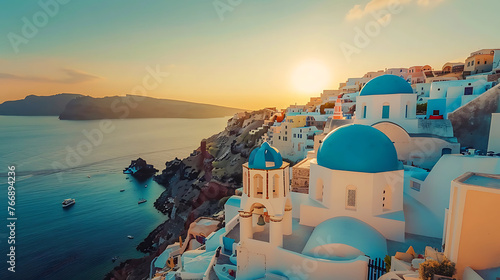 View of Oia at sunset, a small town with whitewashed houses on Santorini Island, Cyclades islands archipelagos, Aegean Sea, Greece. Generative AI illustration  photo
