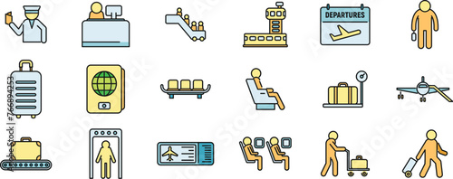 Airline passengers icons set outline vector. People case. Fly plane thin line color flat isolated