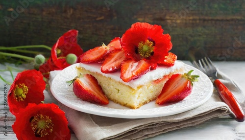 Strawberry Shortcake with Poppies on White Plate photo