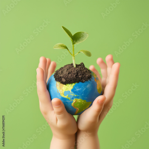 Earth in the hands of a child and a sprout growing from the soil on a green background