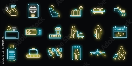 Airline passengers icons set outline vector. People case. Fly plane neon color on black
