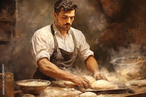 A vintage-style drawing of a baker kneading dough, with flour and baking tools scattered around him
