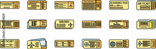 Airline tickets icons set outline vector. Travel trip. Airplane plane thin line color flat isolated