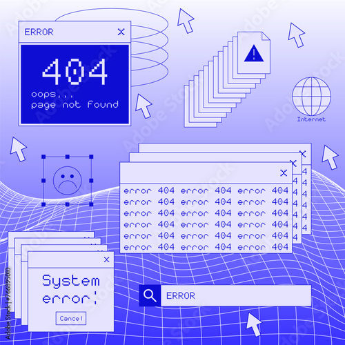 Vaporwave Retro Desktop Artwork. 404 Error Illustration. 90s Computer Interface Vector Design.