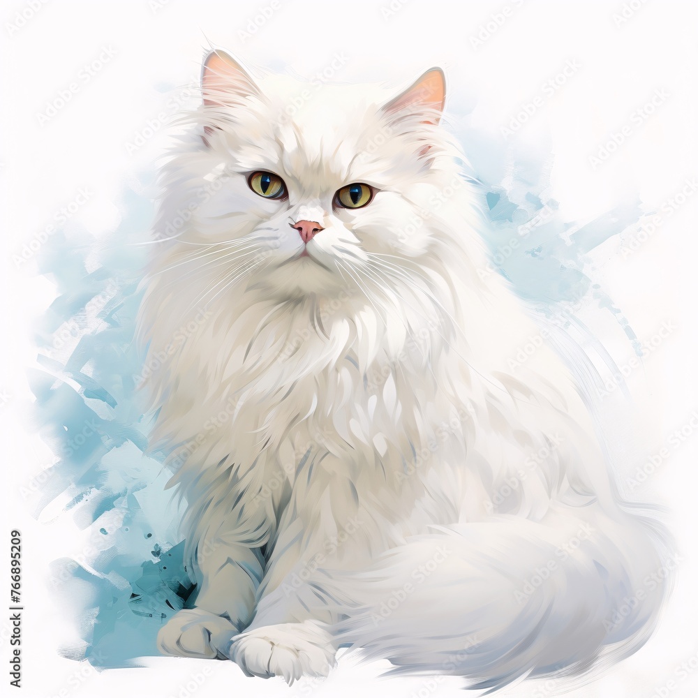 A captivating graffiti illustration of a fluffy white Persian cat lounging gracefully against a white backdrop