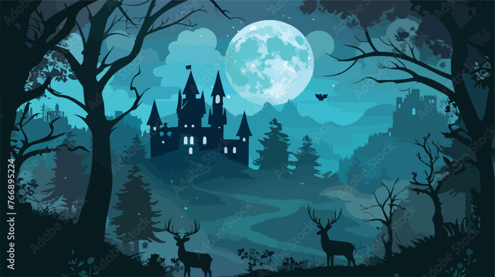 Moonlight scene with trees house deer and castle flat