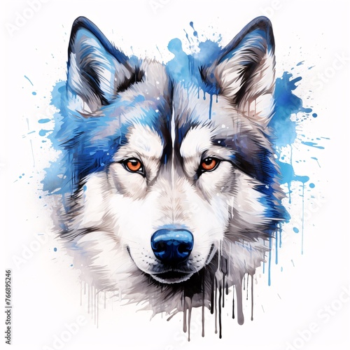Graffiti of a Siberian husky standing proudly against a white background