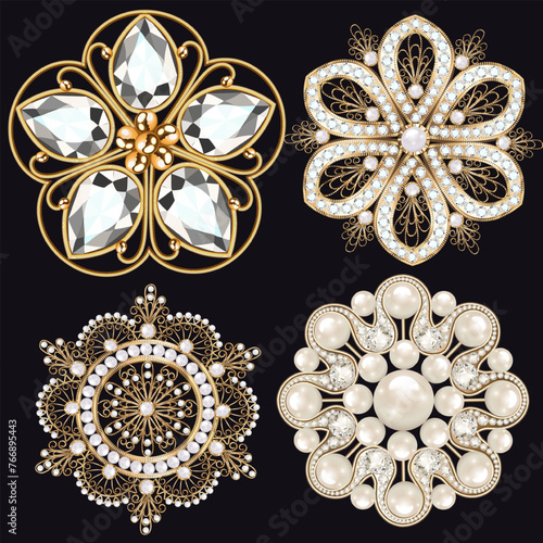Illustration of a set of gold jewelry with eagle owl pendants, brooches with precious stones and pearls