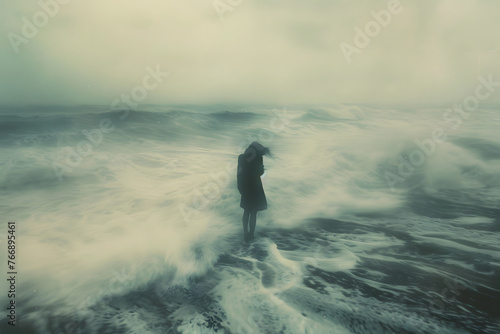 A blurred lonely figure of a woman walking near the ocean. Cinematic blur art photography style illustration. Concept art of loneliness, for a poster, for music album or book cover
