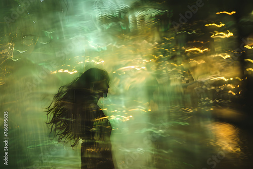 Female figure in a surreal space with light effects in the air. Concept of altered state of consciousness. Illustration in blur art photography style for poster, music album or book cover photo