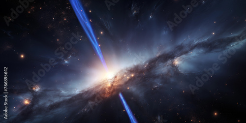 Quasar présentant un puissant jet bipolaire de plasma émis par un trou noir supermassif actif caché en son centre photo
