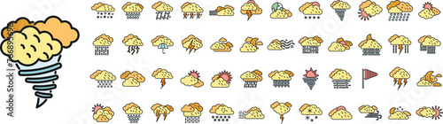 Cloudy weather icons set outline vector. Climate air. Snow rain thin line color flat isolated