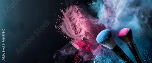 Colorful powder explosion close up of makeup brush with burst of vibrant beauty splash