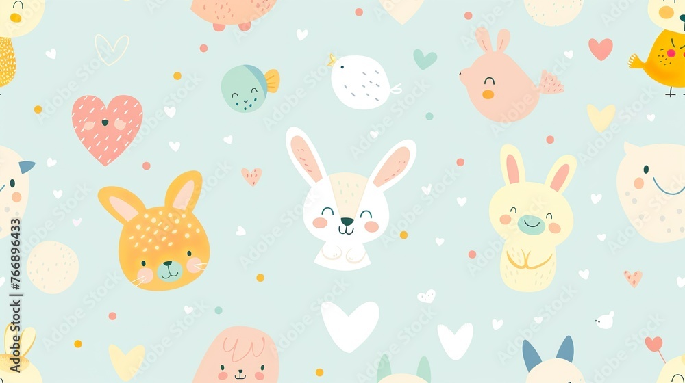A sweet cartoon pastel background with adorable animals and hearts A sweet cartoon pastel background with adorable animals and hearts