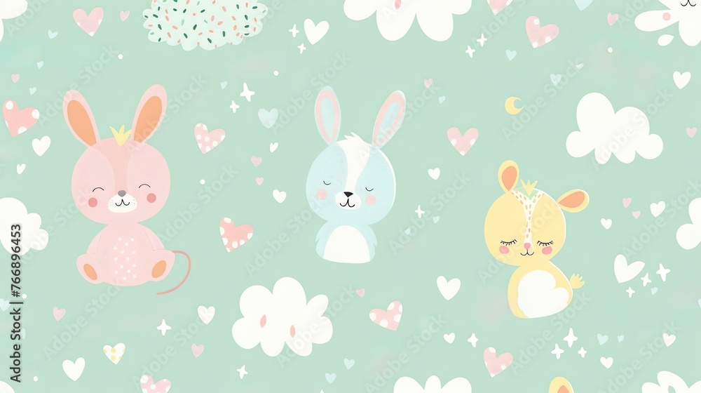 A sweet cartoon pastel background with adorable animals and hearts A sweet cartoon pastel background with adorable animals and hearts