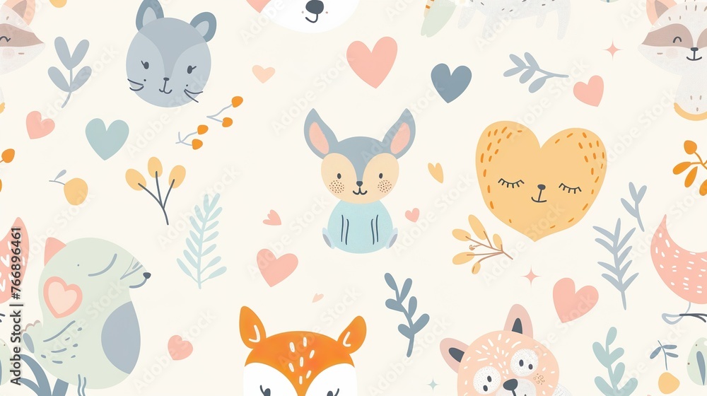 A sweet cartoon pastel background with adorable animals and hearts A sweet cartoon pastel background with adorable animals and hearts